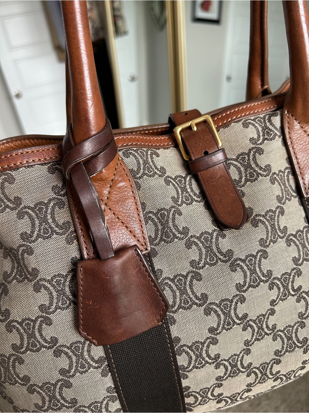 CELINE Triomphe Canvas and Leather Shoulder Satchel Handbag Brown - Picture 5 of 16